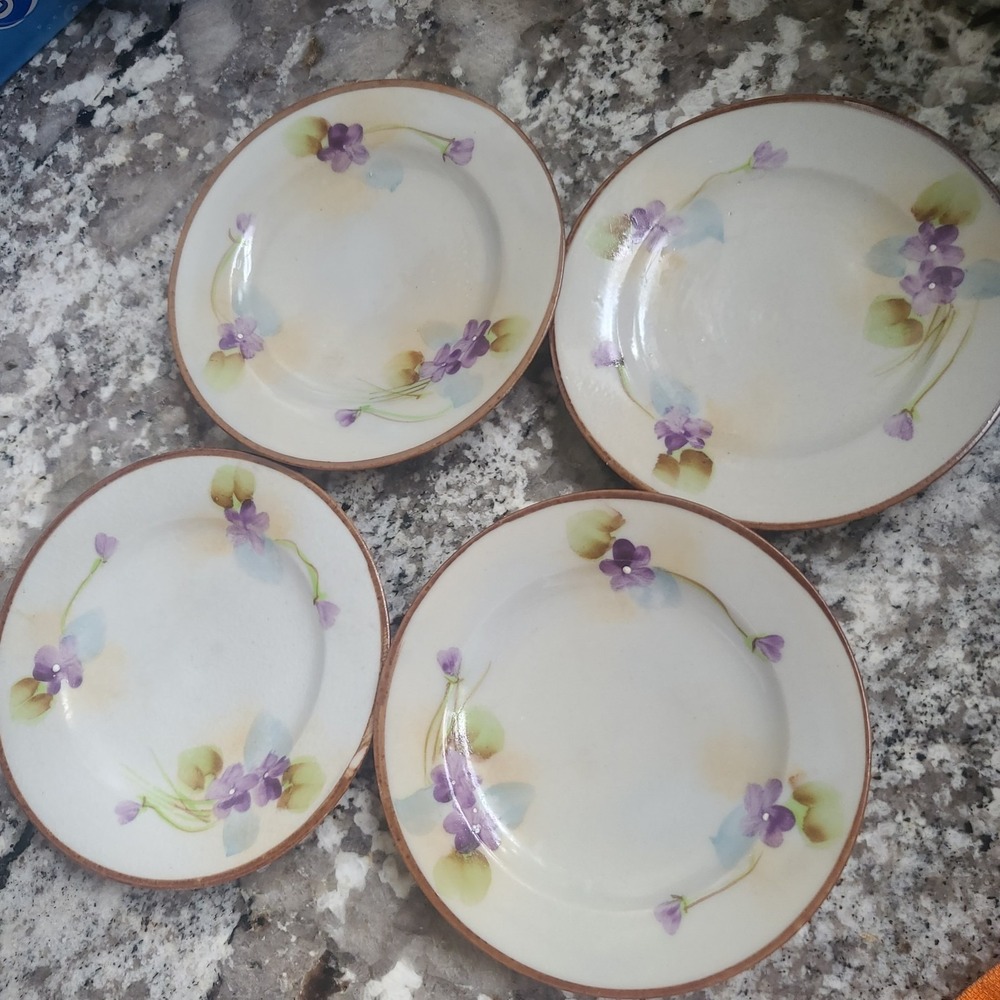 Set 4 Vintage Japan Hand Painted Butter Pat Dishes Violets Gold Edge VGC 4"